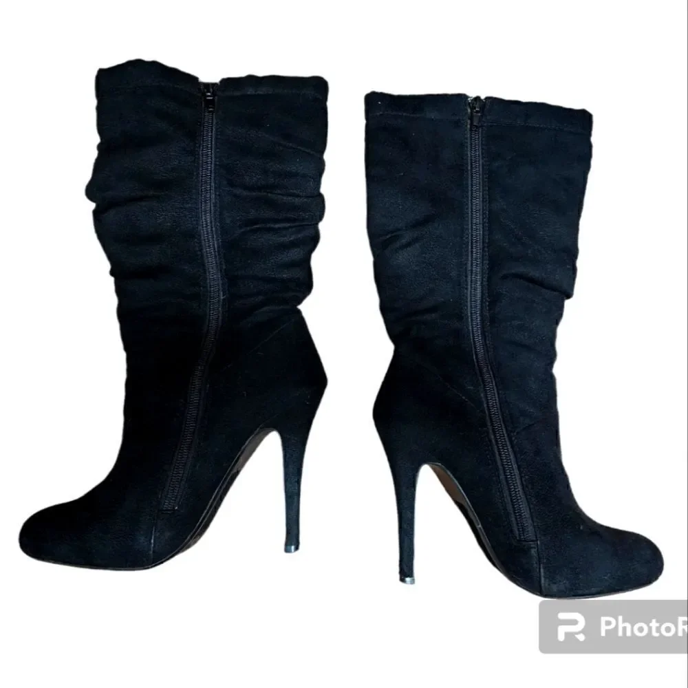 Black suede mid calf heeled booties